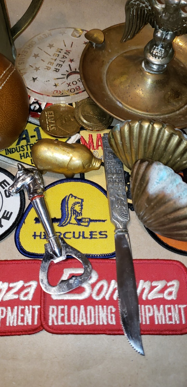 Vintage Junk Drawer Lot- OLD ESTATE* Trinkets Patches Pewter Copper Misc Items