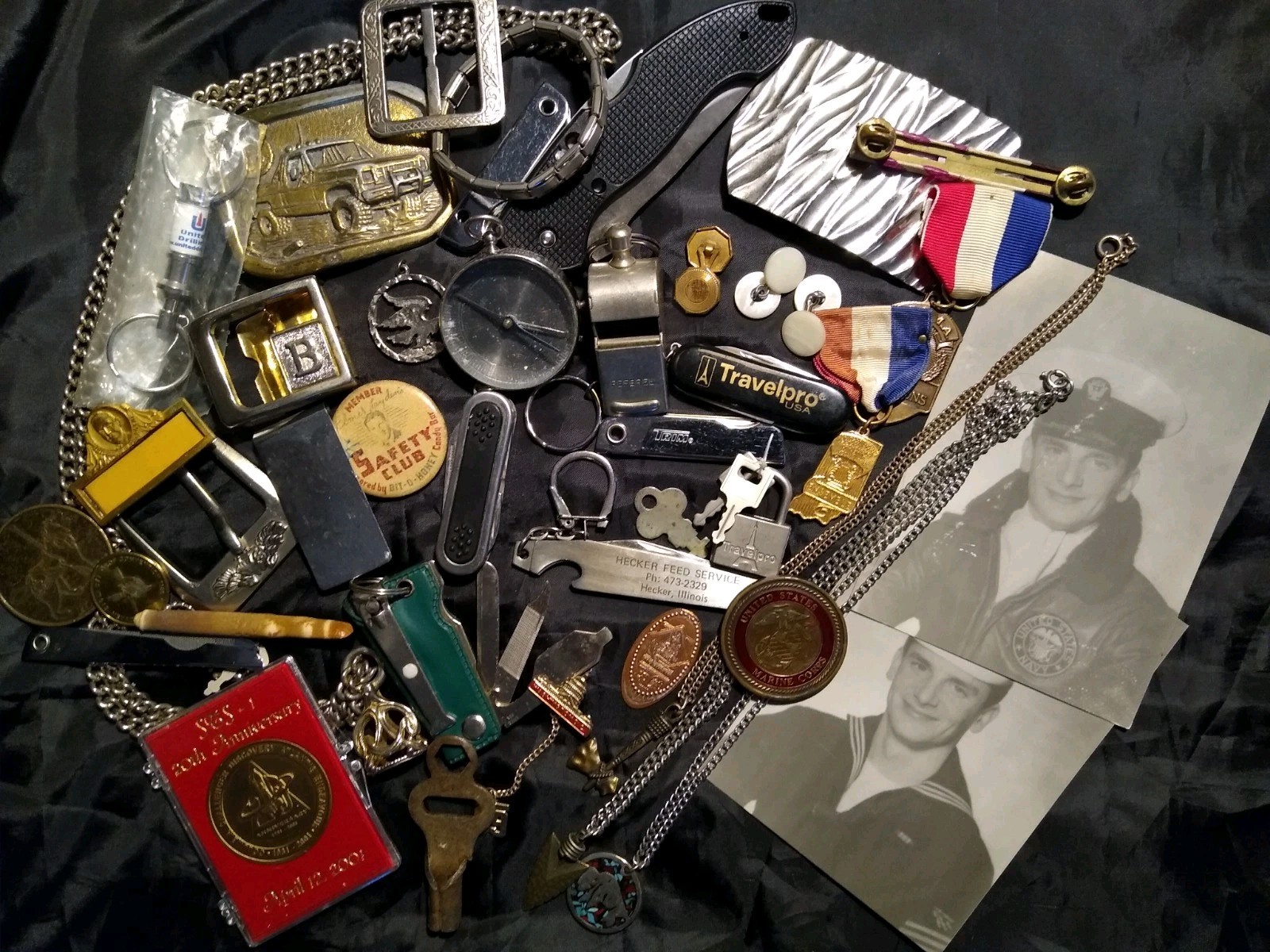 Grandpa’s Junk Drawer Skate Key Referee Whistle Marine Coin Knife Buckle (B-301)