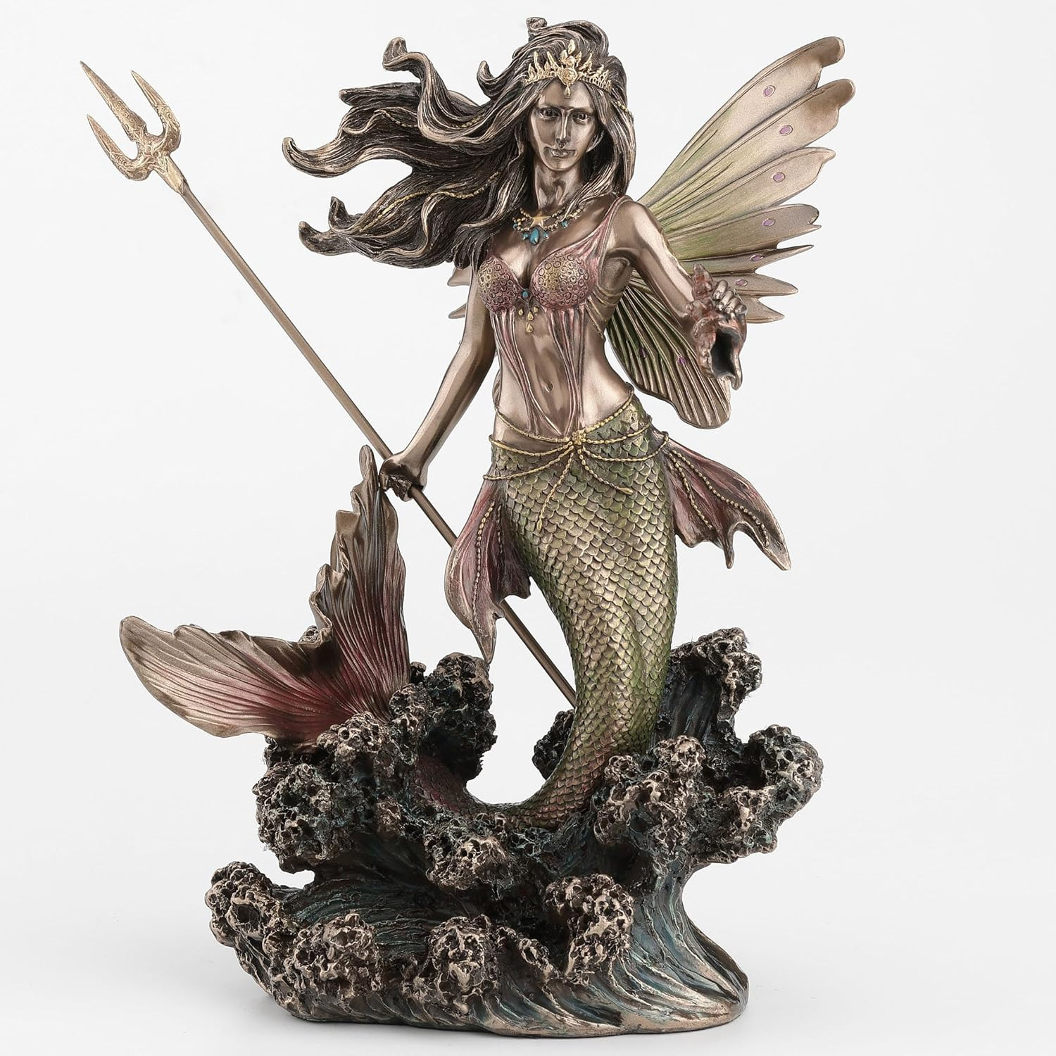 Queen Mermaid Fairy Sculpture with Trident – 9.1 Inch Bronze Finish Decor