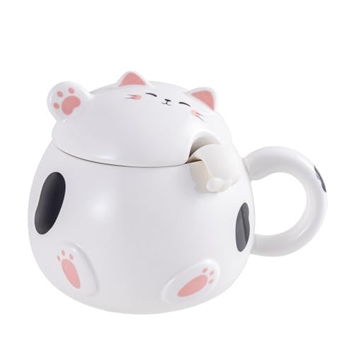 Urban Tokyo Cat Mug 15oz Ceramic with Lid & Spoon, Whimsical Neko White