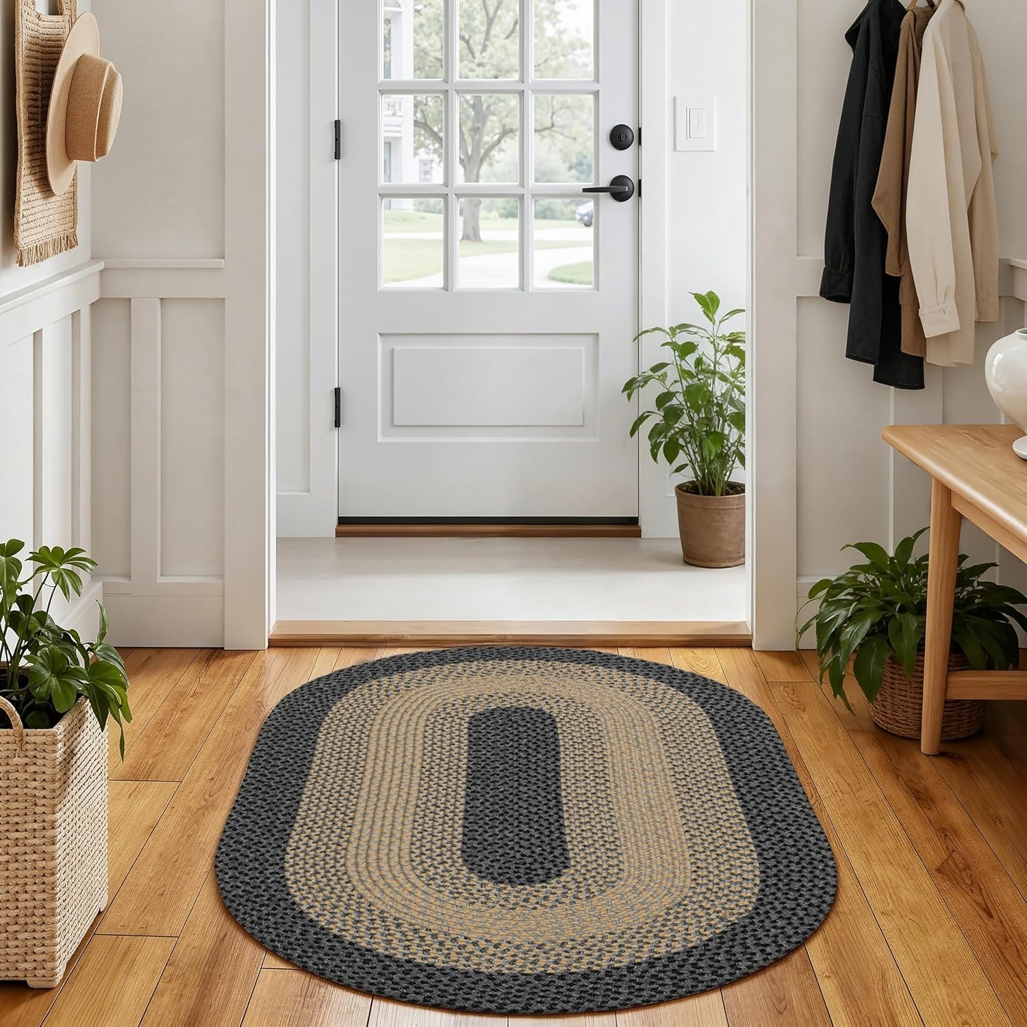 3×5 Oval Braided Rug Farmhouse Anti-Slip Door Mat Brown Black