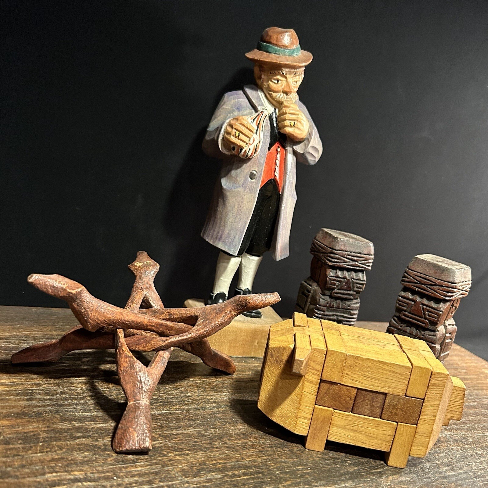 Vintage Junk Drawer Lot Trivet Man Statue Carved Wood Shakers Pig Puzzle