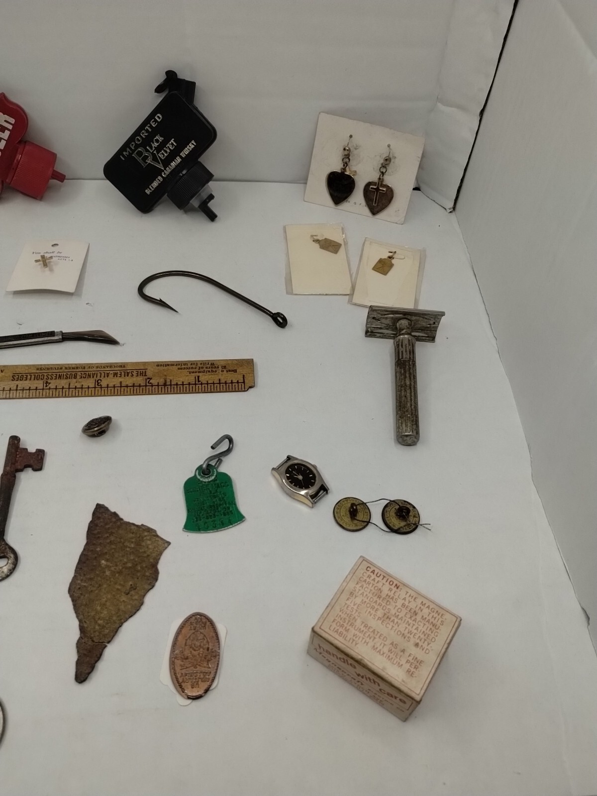 Vintage Junk Drawer Lot Advertising Rings Tokens Key Dog License Tie Clip #11