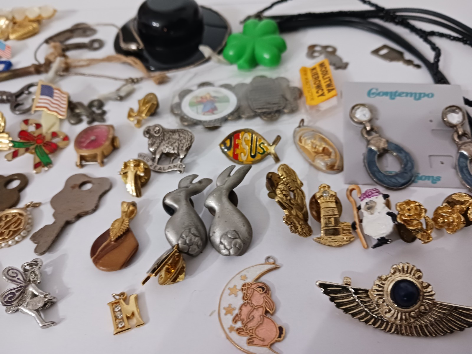 Junk Drawer Lot Skeleton Keys Earrings Pins Necklace Pendants Parts Animals Flag