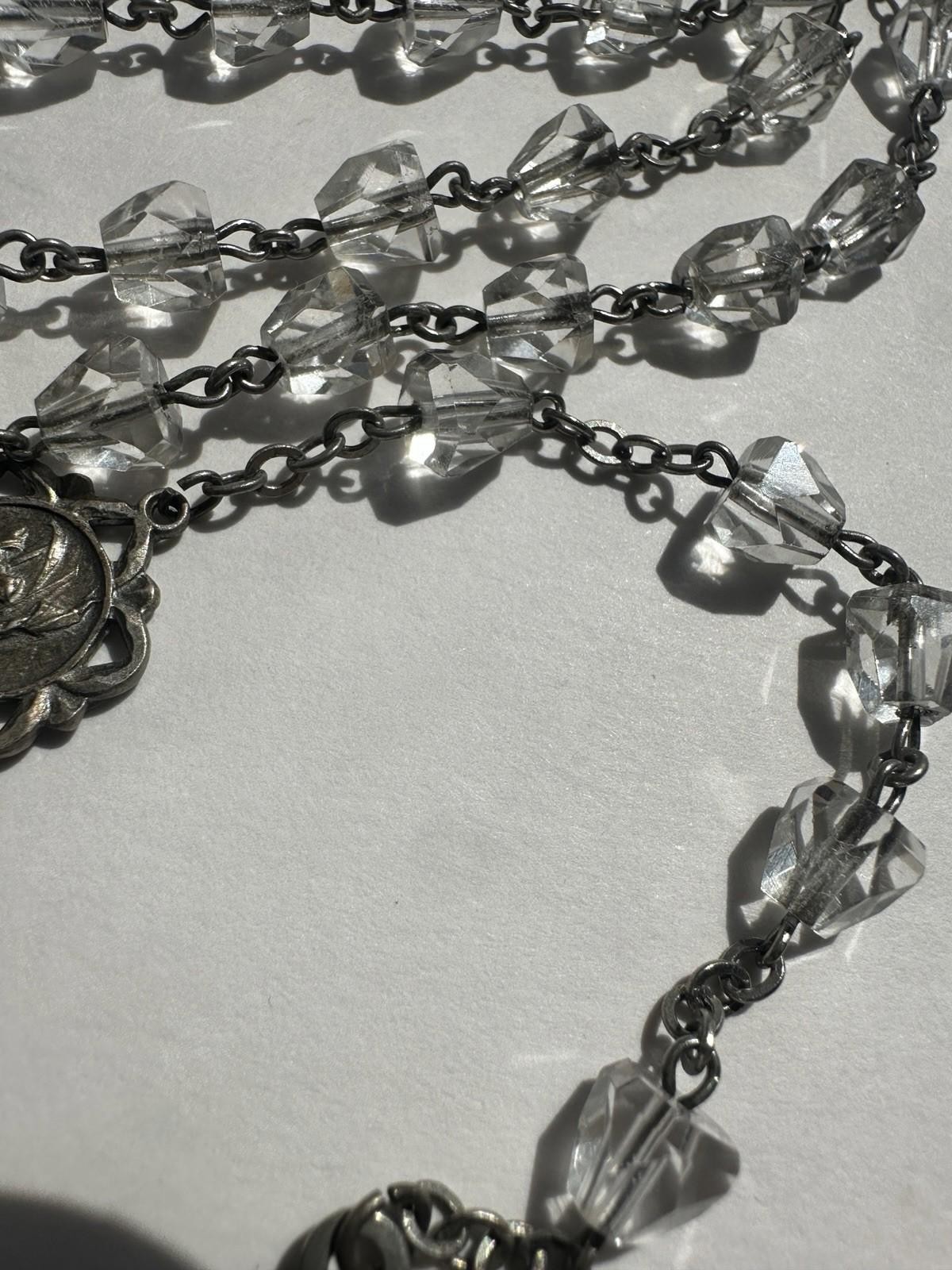Vintage Sterling Silver Crucifix Clear Faceted Tear Drop Crystal Bead Rosary 19”