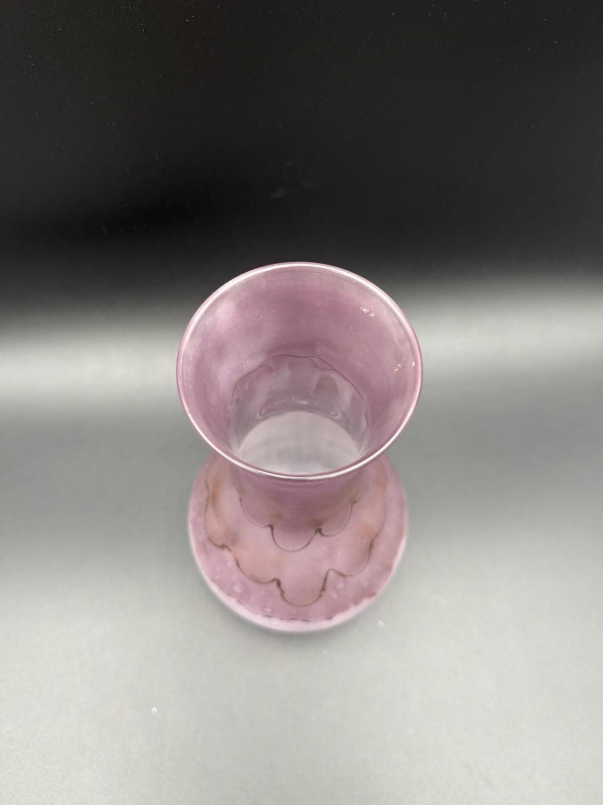 Hand Painted Ruevan Art Glass Vase – Frosted Satin with Purple Swirl, 9.5”