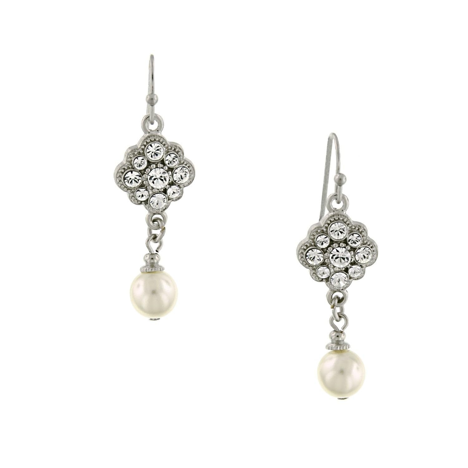 1928 Jewelry Flower Crystal Cluster And Costume Pearl Drop Earrings