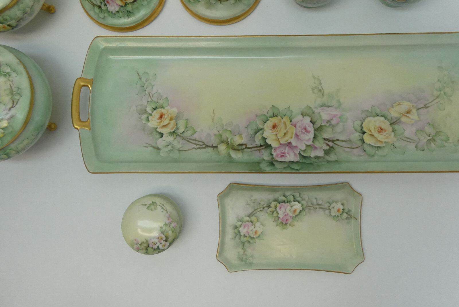 Ceramic Green Gold Apple Blossom Floral Pattern Tray Bud Vases Candle Holders