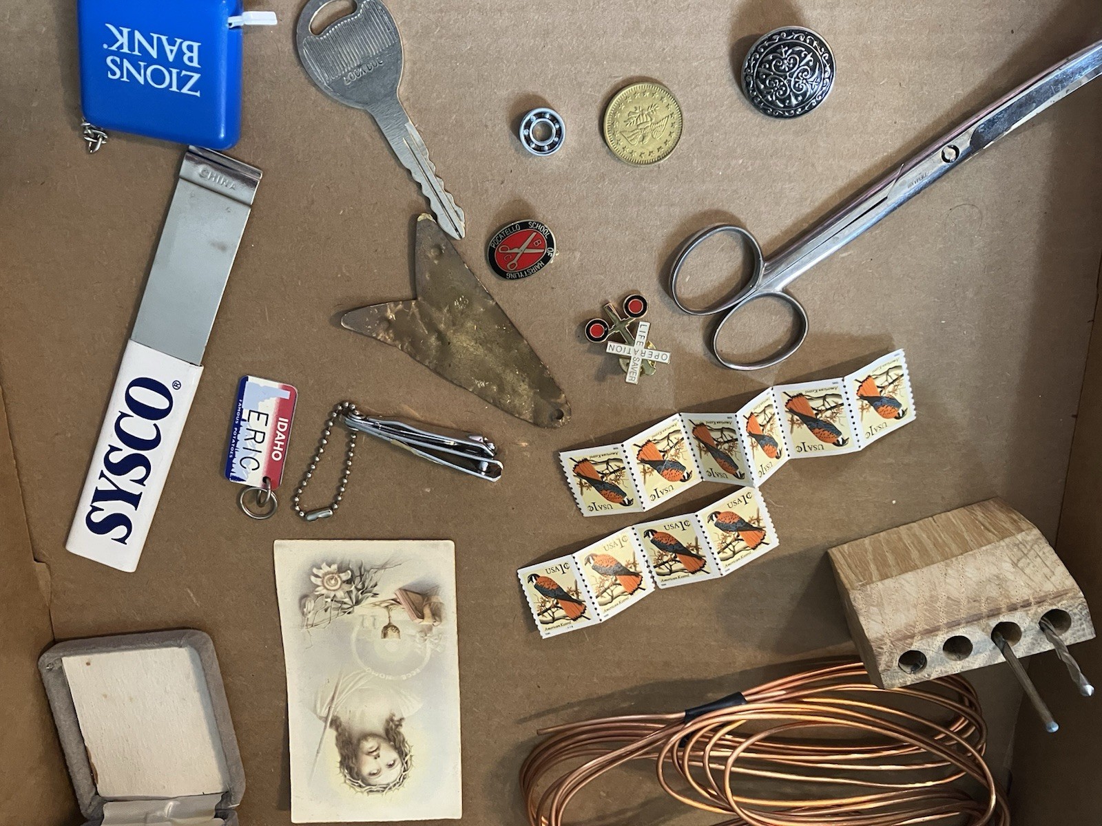 Cigar Box Vtg Junk Drawer Lot Locks Keys, Tokens, Pennies , Stamps, Lot 3