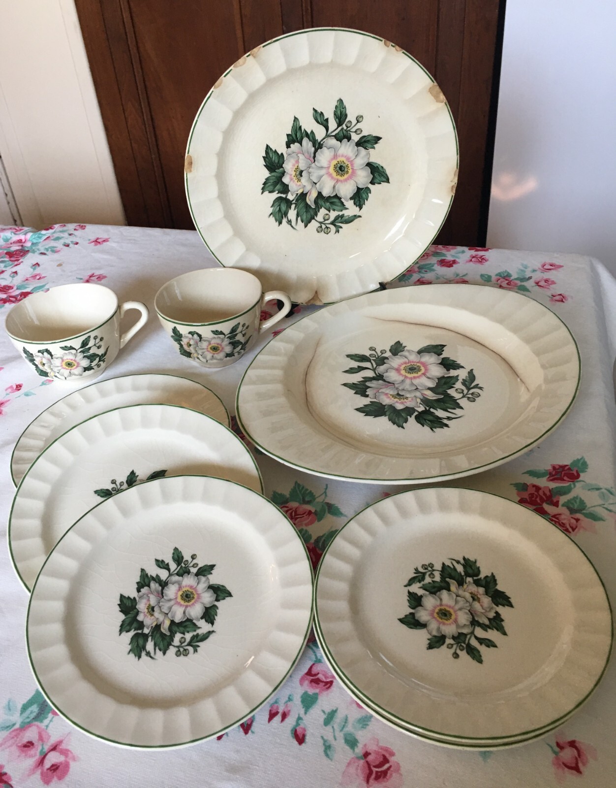 Vtg 40s Cronin China COl164 Lot of 9 White Flower Green Trim Dinnerware Project