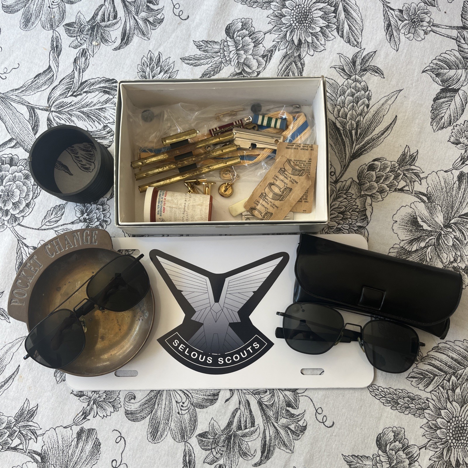 Junk Drawer Lot of Vintage Glasses, Military, Pins, Medals, Selous Scouts & More