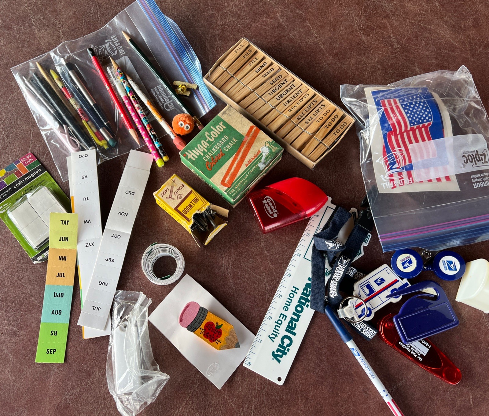 VTG Office/Junk Drawer Lot Key Chains, Pens, Chalk, Novelty Clothespins, Etc