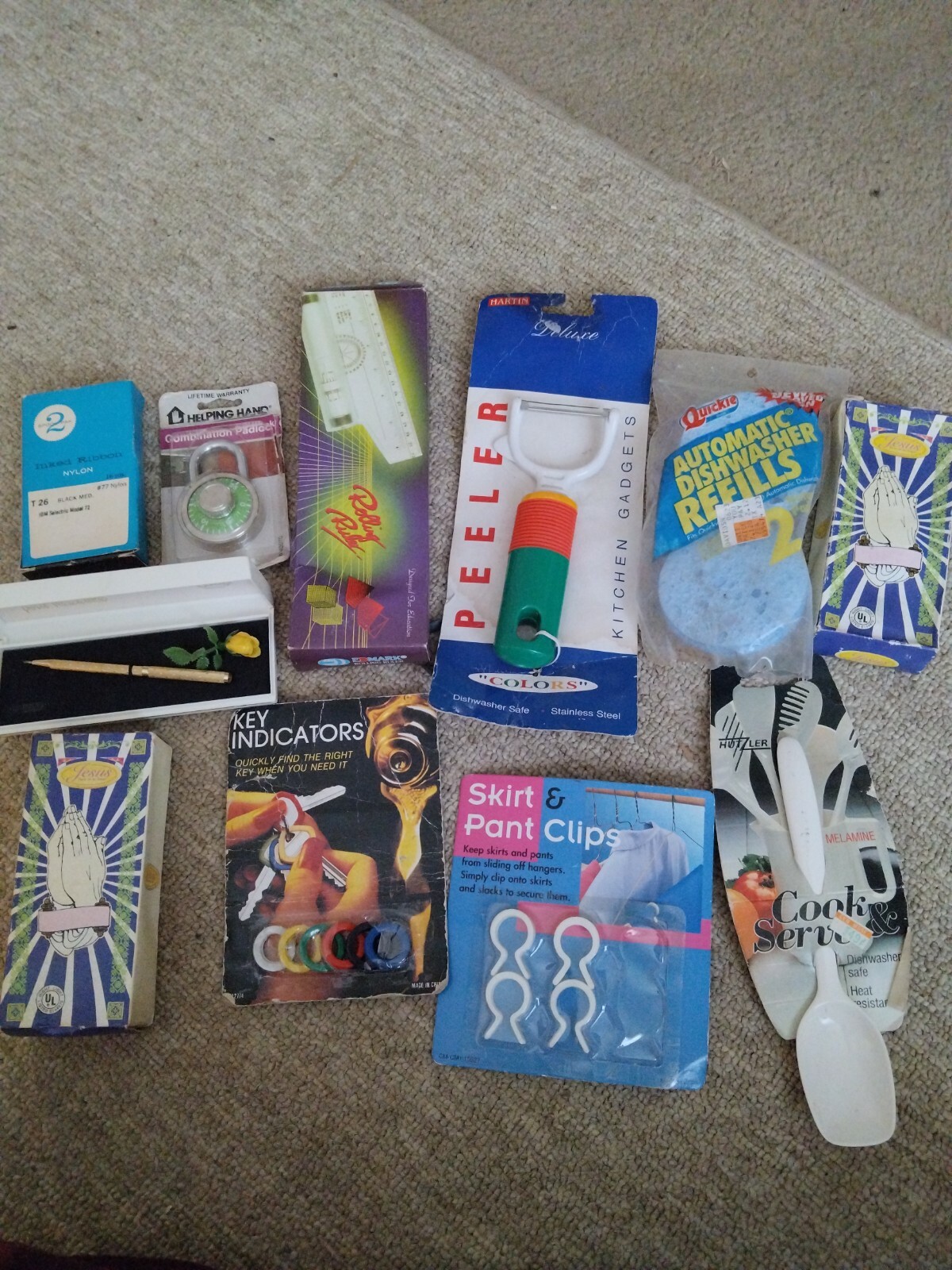 Large Lot Of Vintage Items kitchen utensils ink pen religious padlock