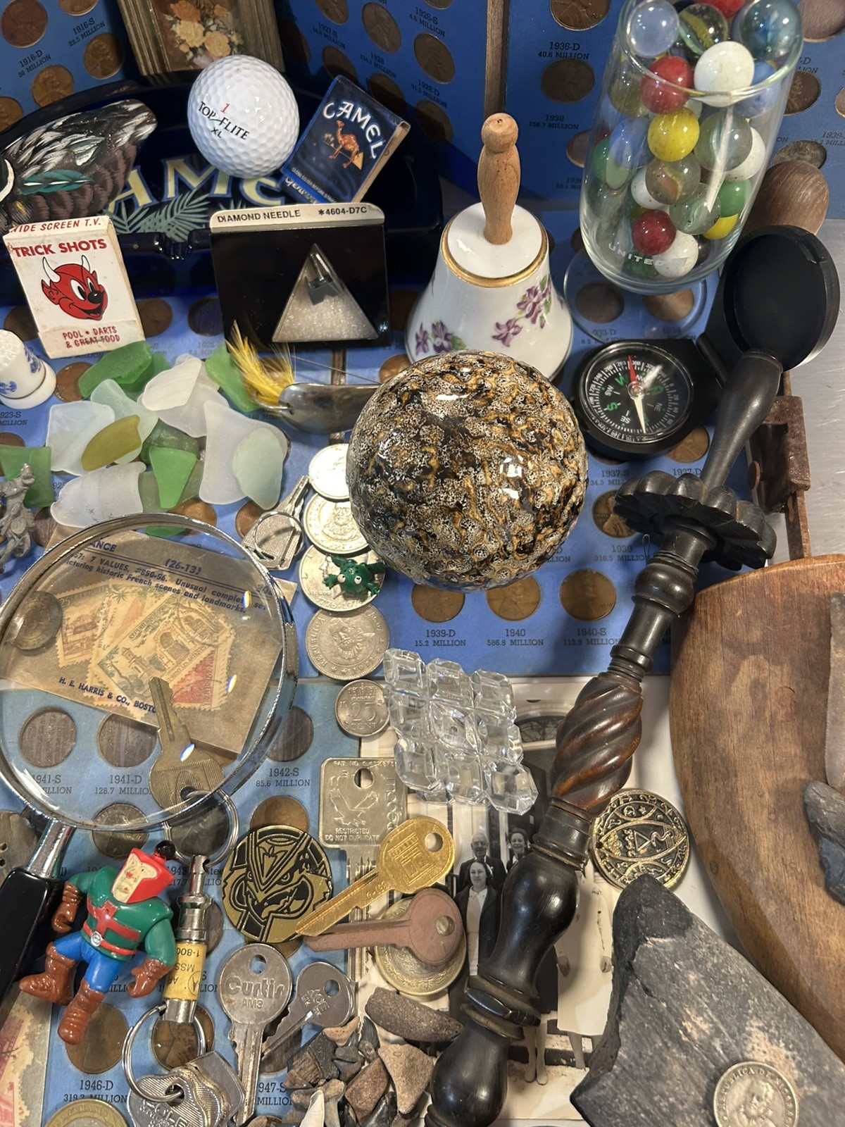 Vintage Junk drawer lot foo dog , jewelry, coins, + more read description