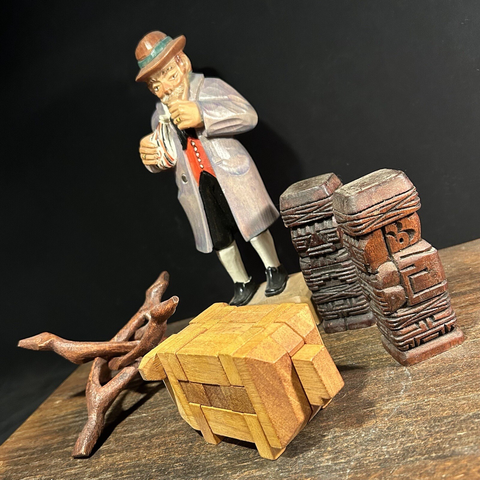 Vintage Junk Drawer Lot Trivet Man Statue Carved Wood Shakers Pig Puzzle