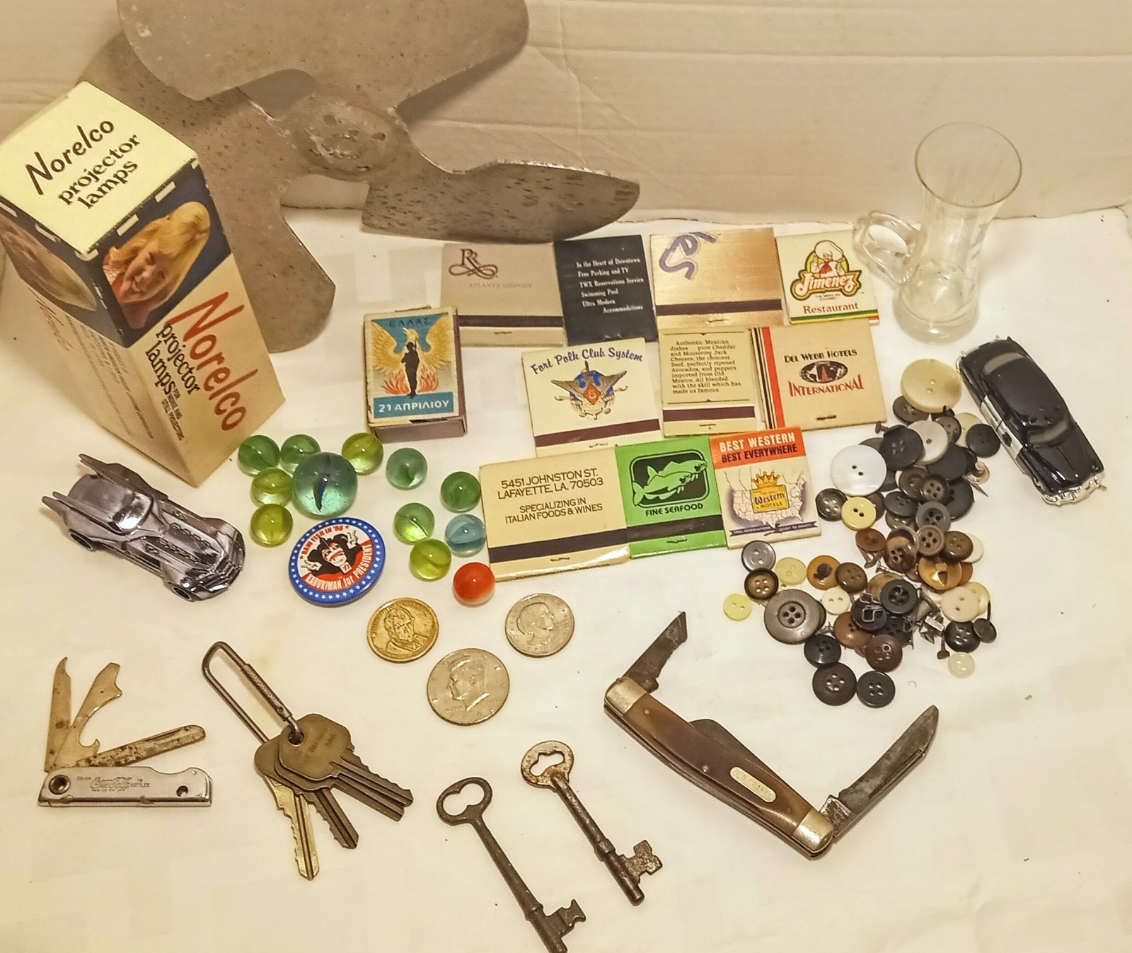 50++ Items Vintage Junk Drawer Lot Skeleton Key Marbles Old Knife USA COINS