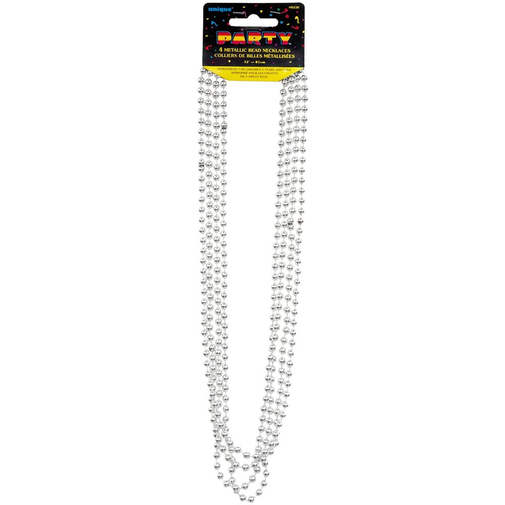 Metallic Silver Mardi Gras Beads, 4ct,Necklaces & Pendants