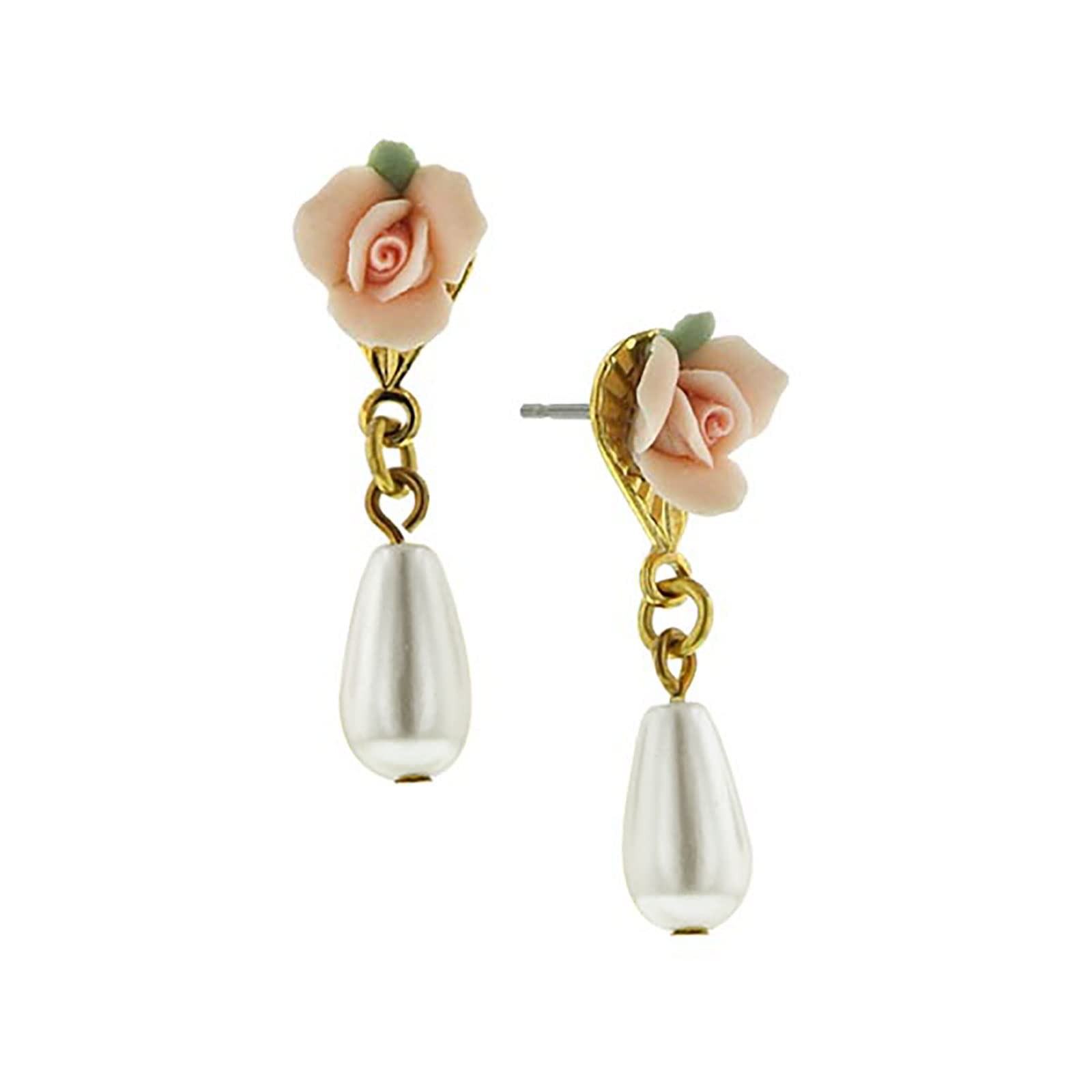 1928 Jewelry Pink Rose & Pearl Drop Earrings, Handcrafted Floral Design