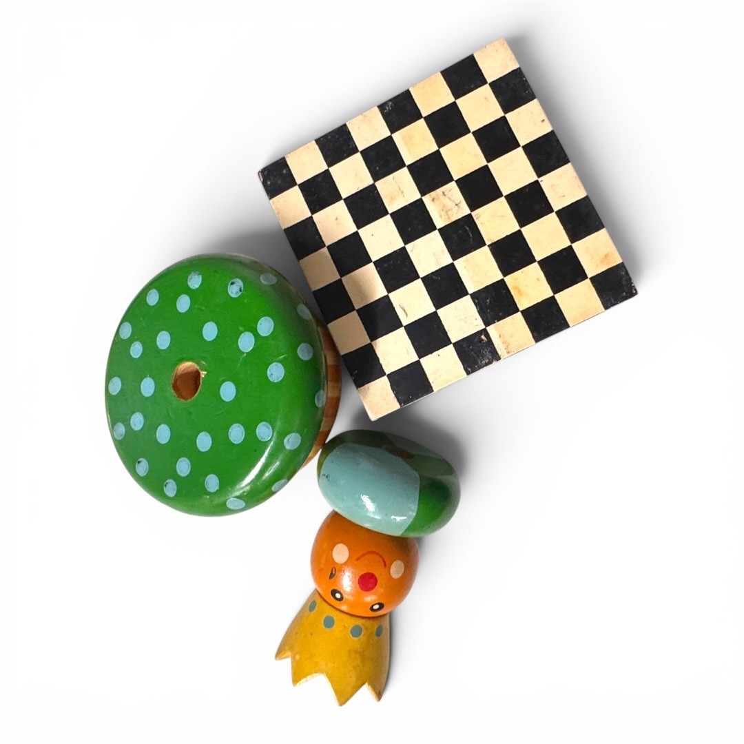 Wooden Stacking Toy King Crown Checkerboard Base McKenzie Childs Style Decor