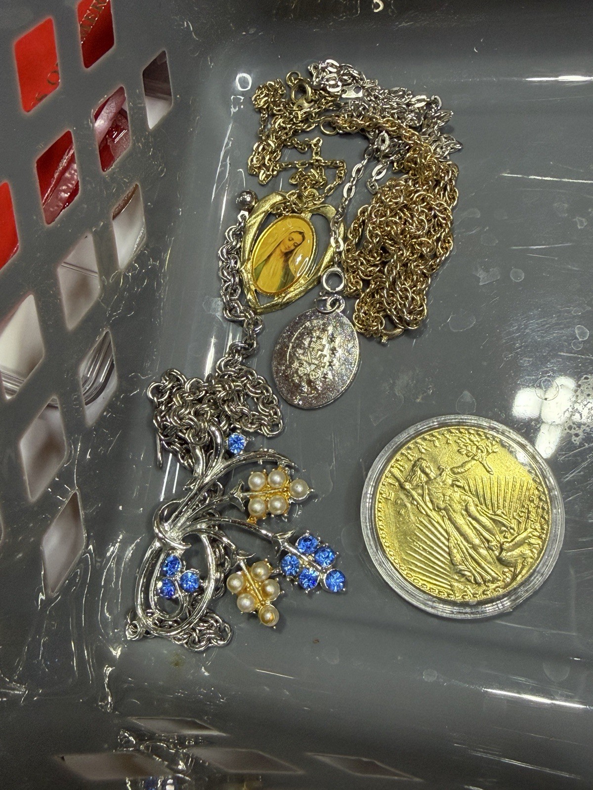 Vintage Estate Junk Drawer Lot: Replica Coins, Collector Pins, Costume Jewelry