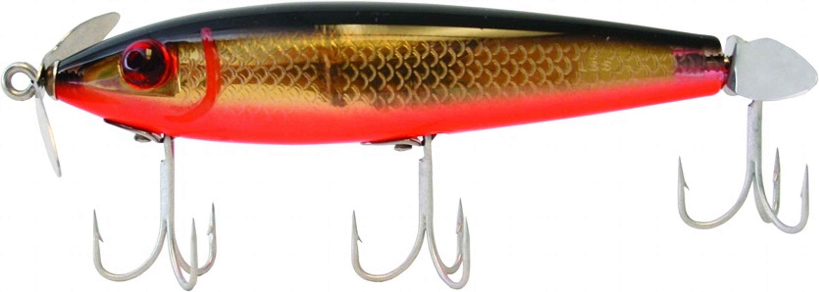 MirrOLure 5M-808 Prop Bait Flt Twitch Black Bk/Org/Gld 3 5/8in 1/2oz