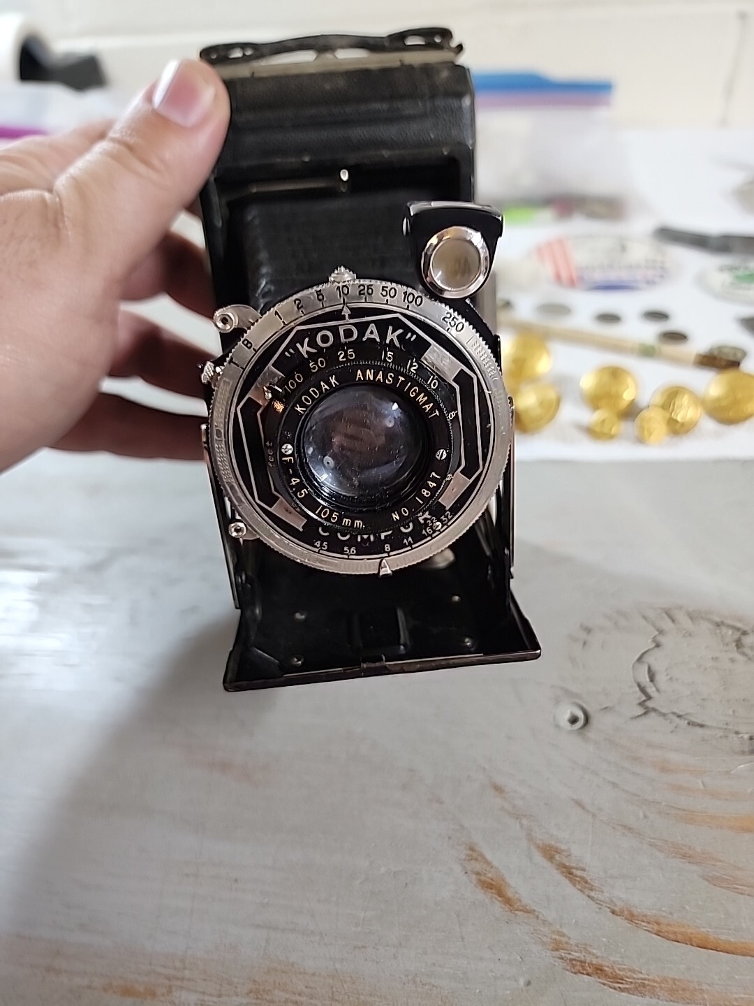 Junk Drawer Lot: Kodak Six 20 Camera Knives DC FD Buttons Fare Tokens Marble Pin