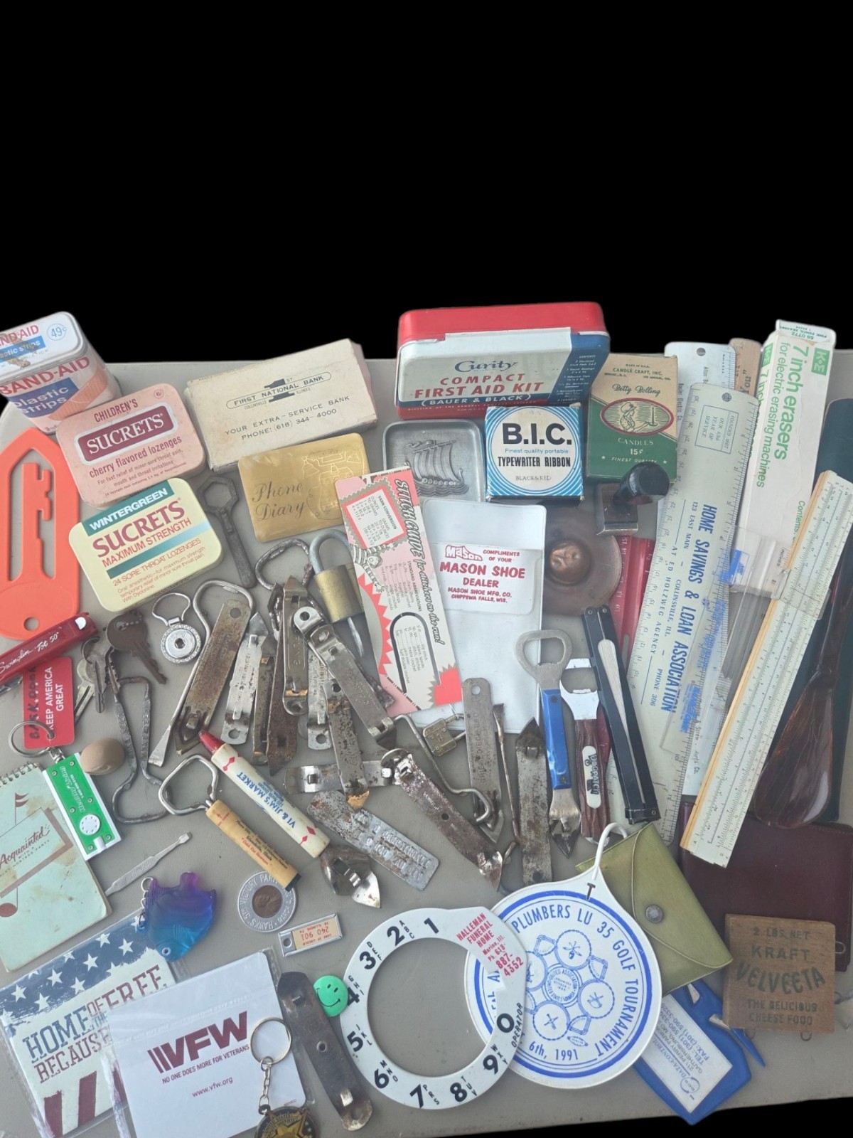 Vtg Junk Drawer Grandpas Desk Lot of Advertising Rulers Bottle Openers Keychains
