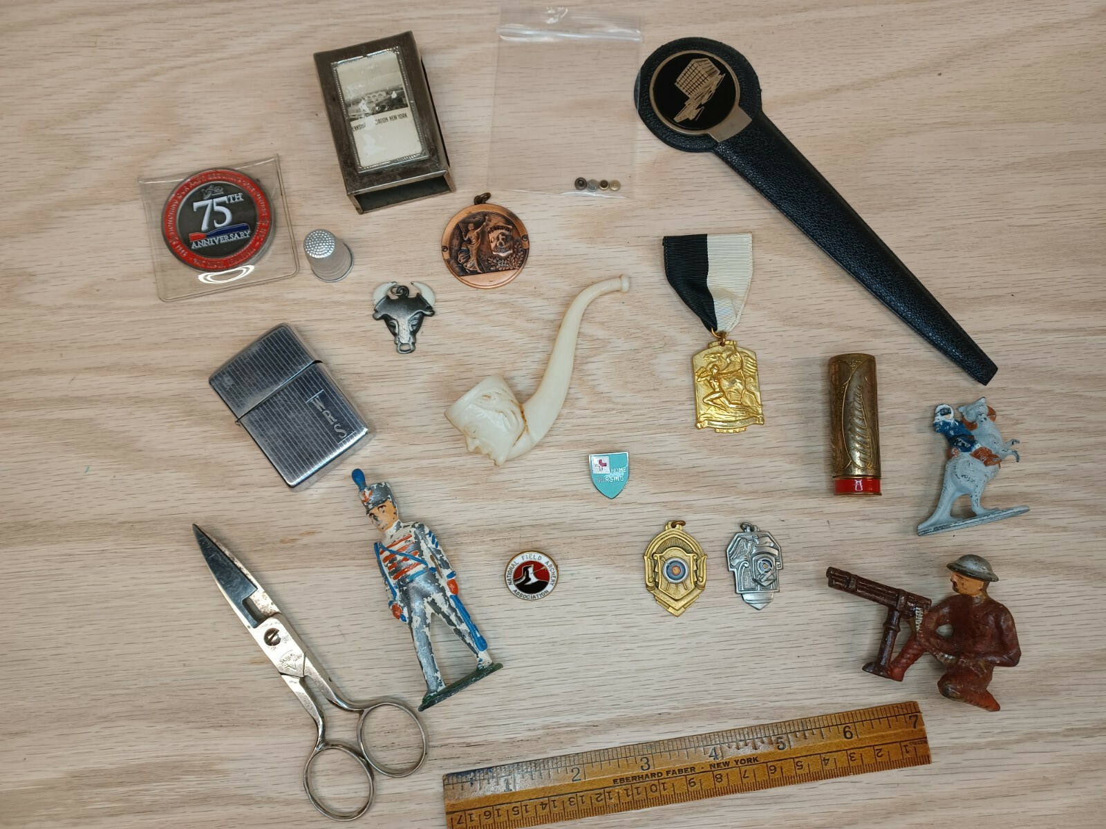 Vintage Junk Drawer Lot Toys Awards Scissors Zippo Pipe