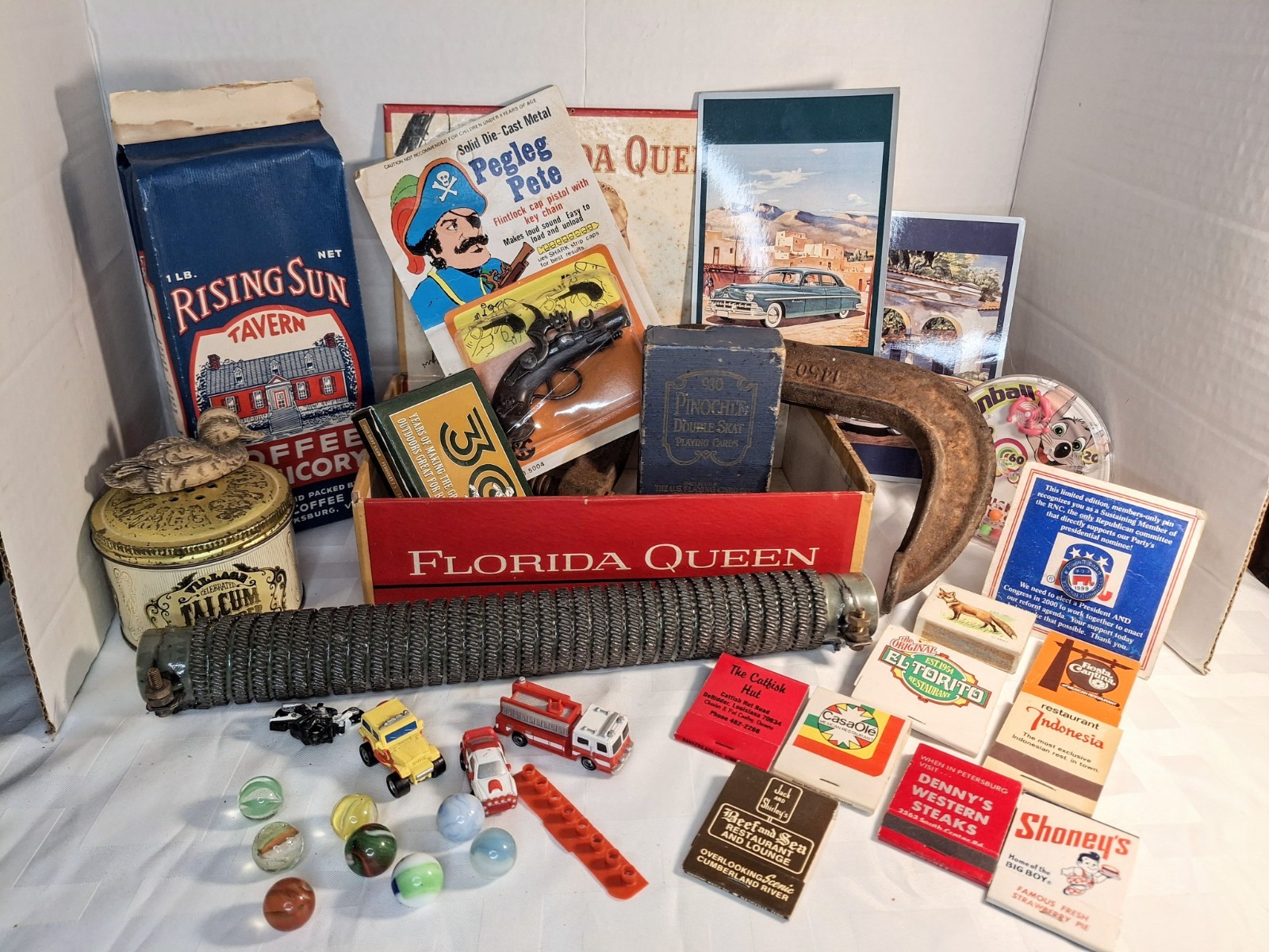 40+ Items Vintage Junk Drawer Lot Resistor, Marbles, Matches, Die Cast Flintlock