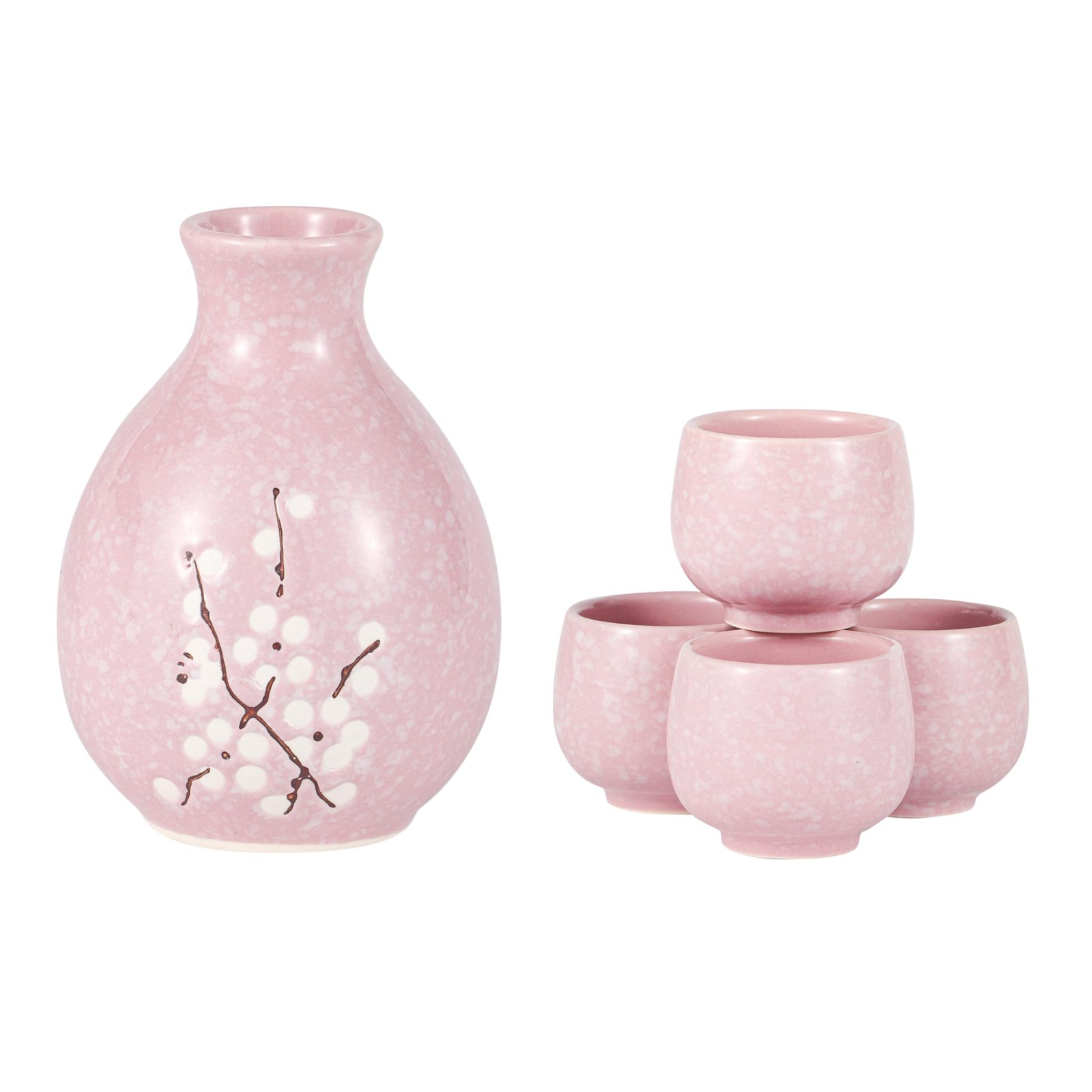 Japanese Plum Blossoms 5 Piece Sake Set 9.5 fl oz Bottle and 4 Cups Porcelain