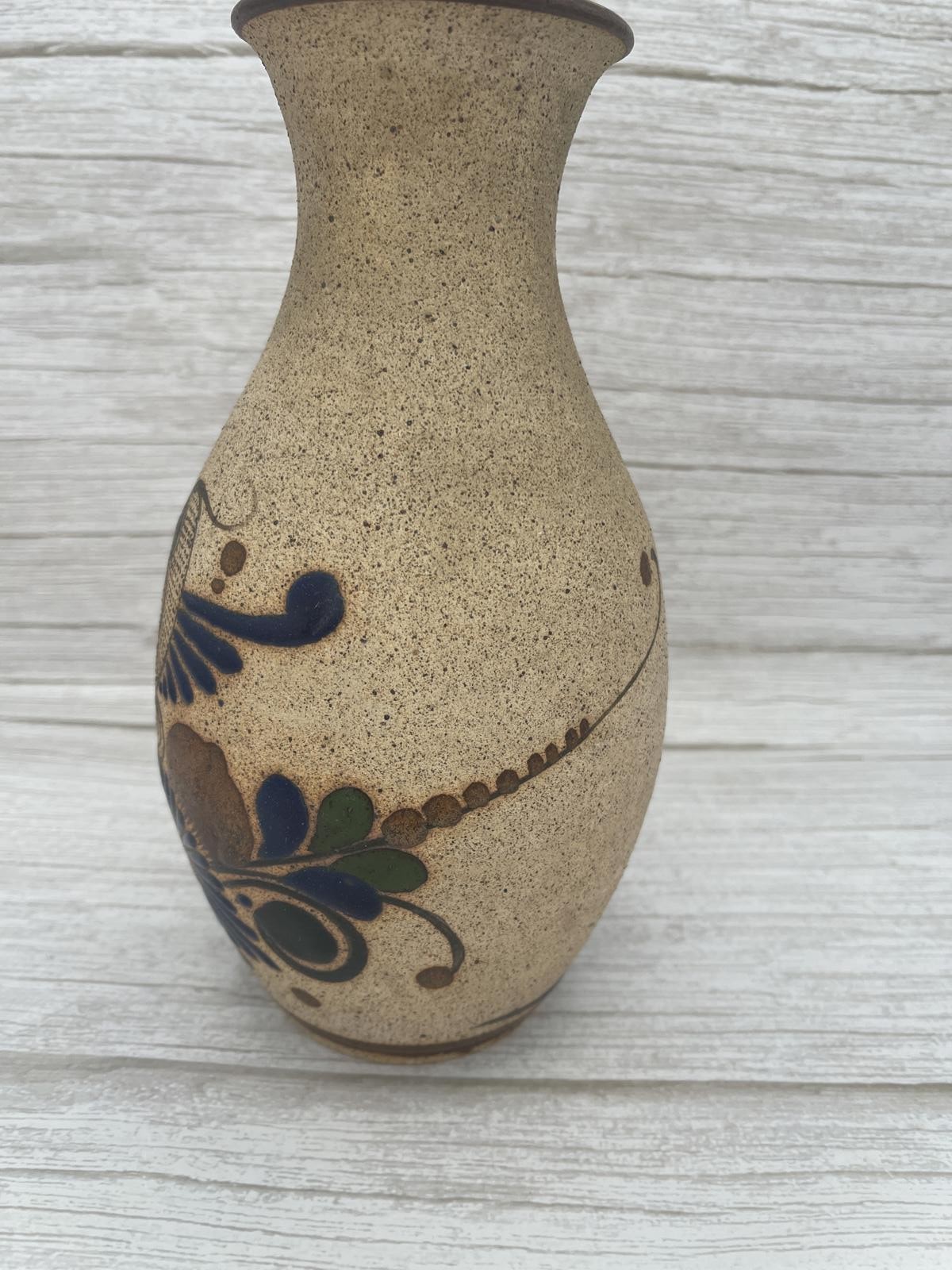 VTG Tonala Mexico Signed Pottery Pitcher Bird Flowers Blue Hand Painted Vase