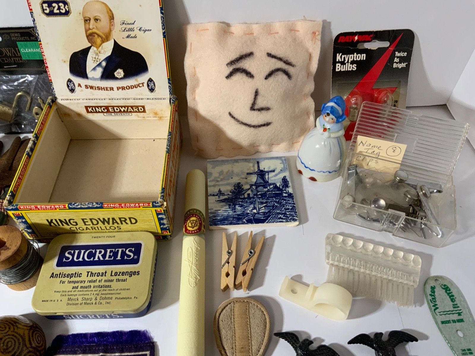 VTG Junk Drawer Lot Assemblage Art Mixed Media Crafts 2# Delft, Cigar Box, Knobs