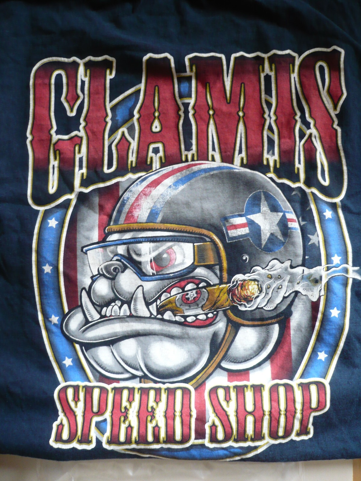 GLAMIS SPEED SHOP Bulldog Design T-Shirt Adult Large (L) Short Sleeve NAVY BLUE
