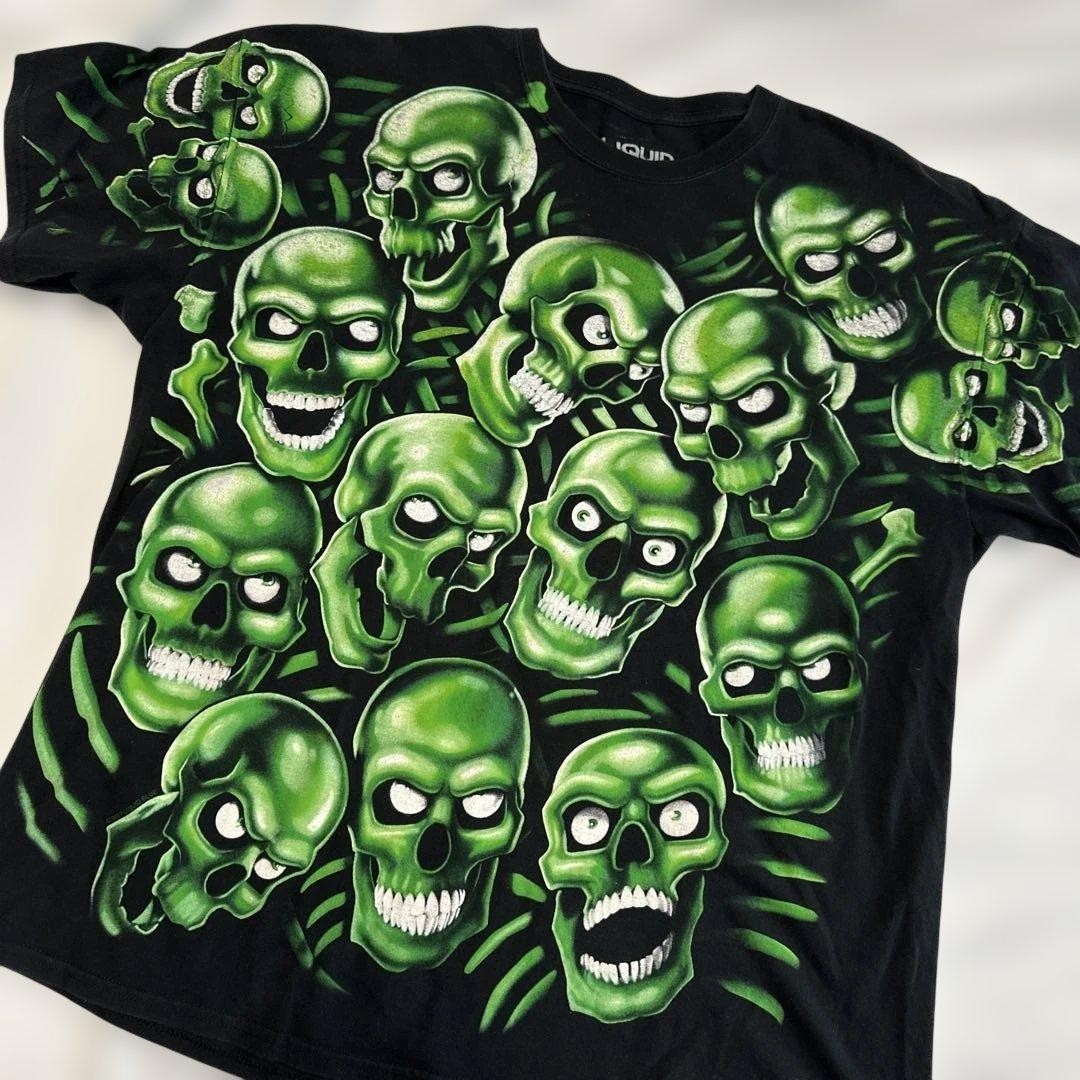 [2XL] Liquid Blue/Green Skull All Over Pattern T-Shirt Black