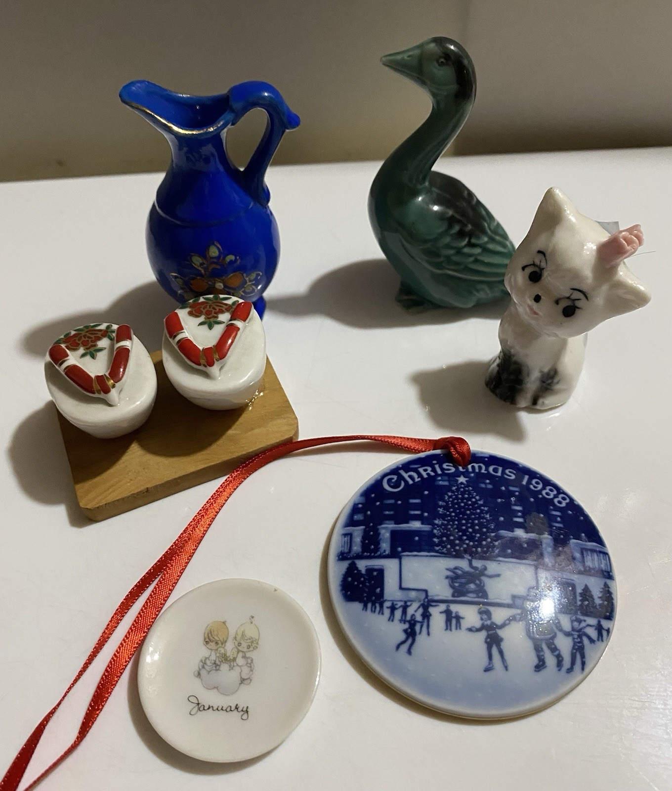 Junk Drawer Lot Of 6 Vintage Porcelain Miniatures Geta Sandals Cat Goose
