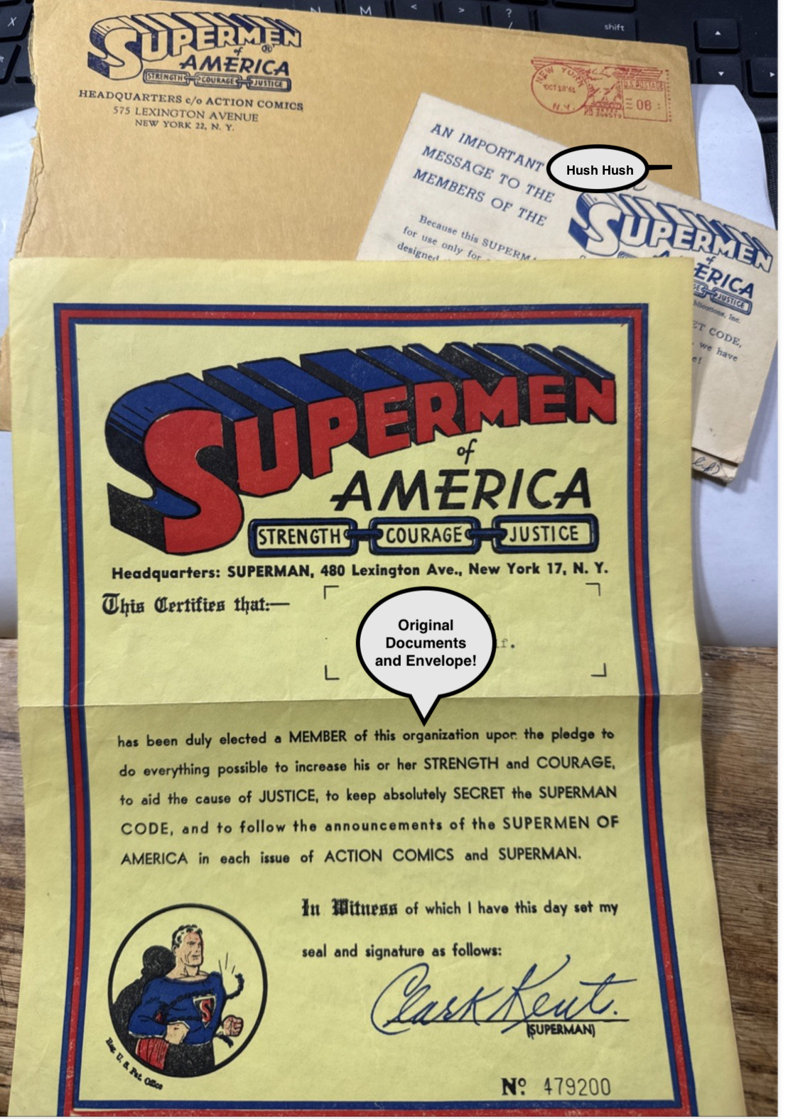 Rare 1950s Supermen of America Club Certificate, Secret Code, Rare Pinback, MORE