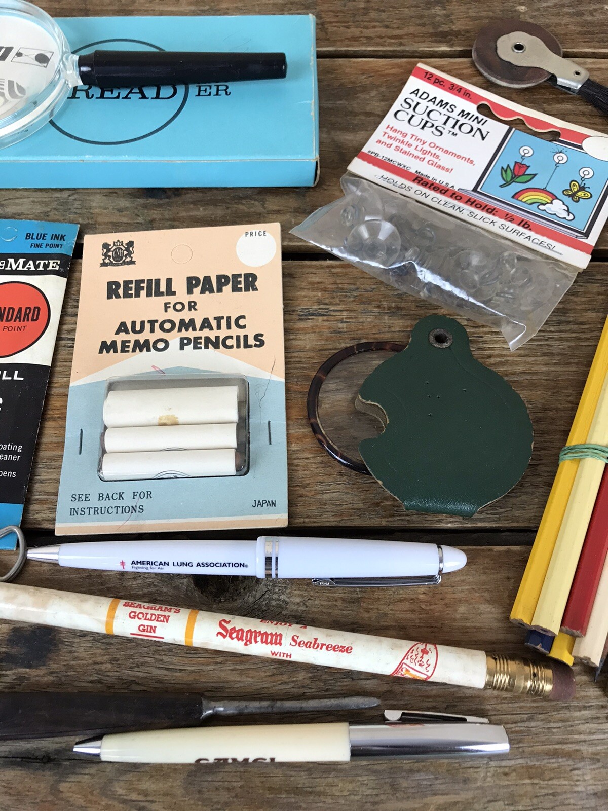 Vtg Junk Desk Drawer Lot Advertising Smalls Pencils Office Seagrams Magnifying