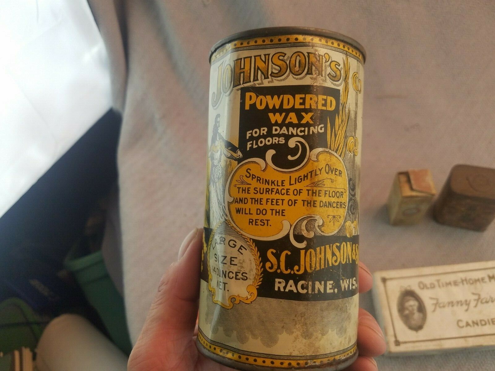 Lot of 5 Antique/Vintage tins and boxes Dance floor wax Candies Mace soap