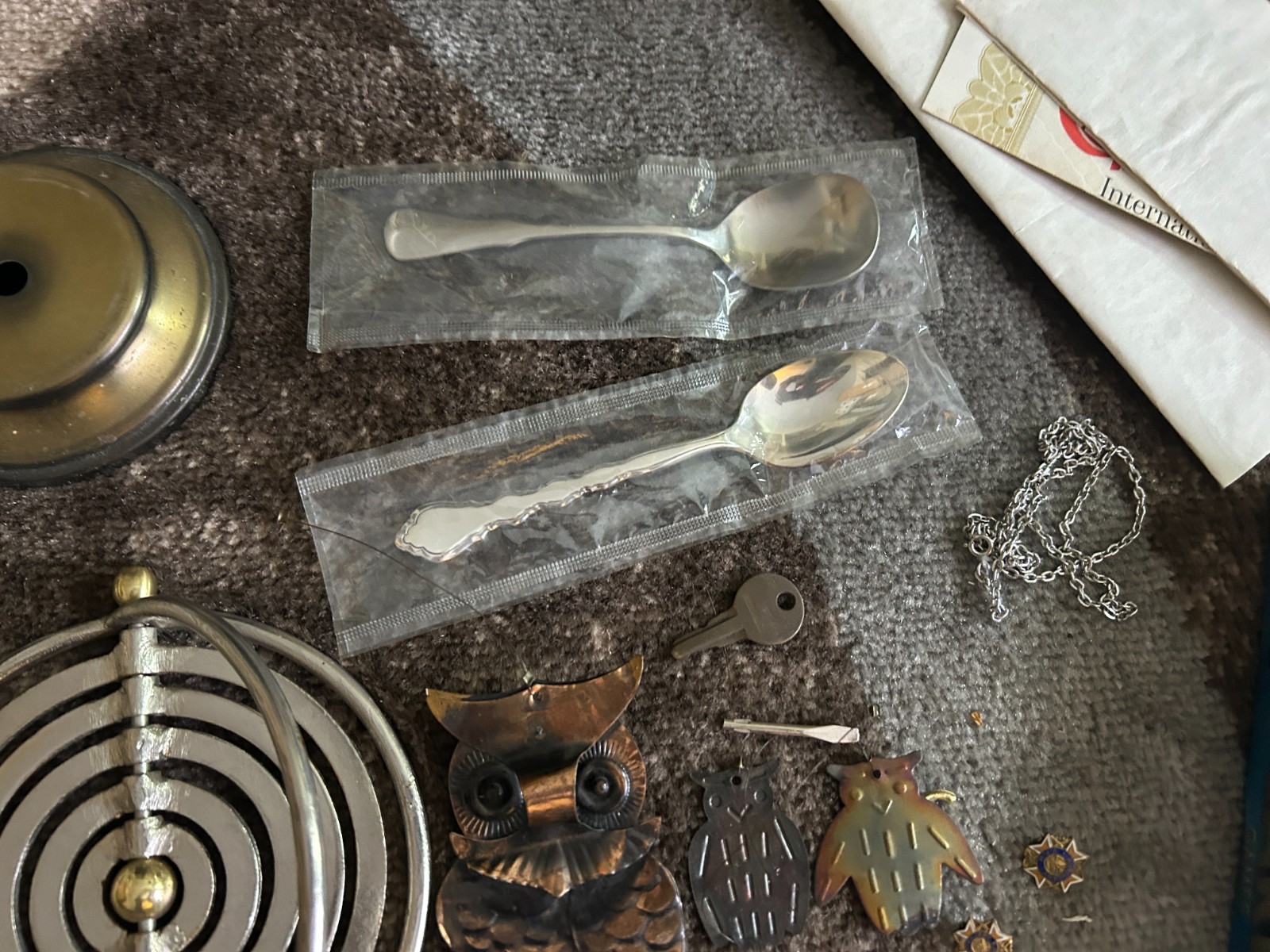 Gramps vintage Junk Drawer Lot Religious JFK Button Owl Humidity Flatware Paper