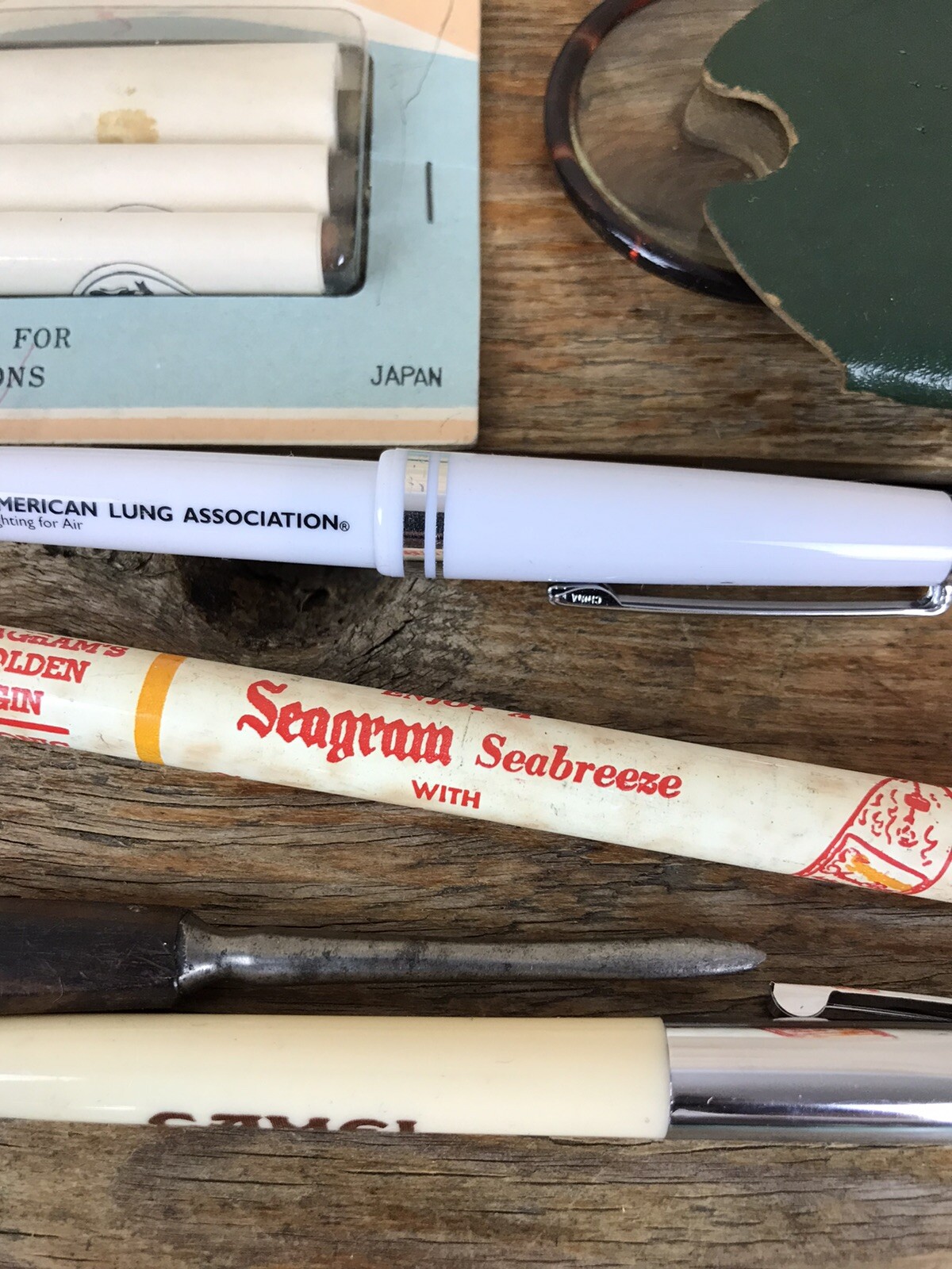 Vtg Junk Desk Drawer Lot Advertising Smalls Pencils Office Seagrams Magnifying