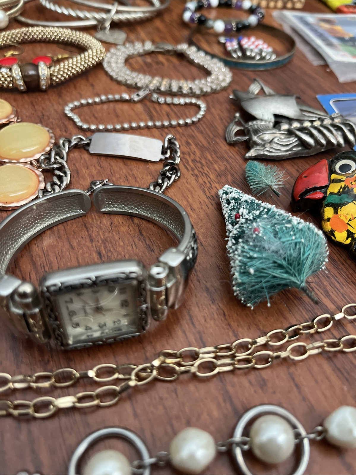 Junk Drawer Lot Vintage Jewelry Bracelets Trading Cards Brooches Misc.