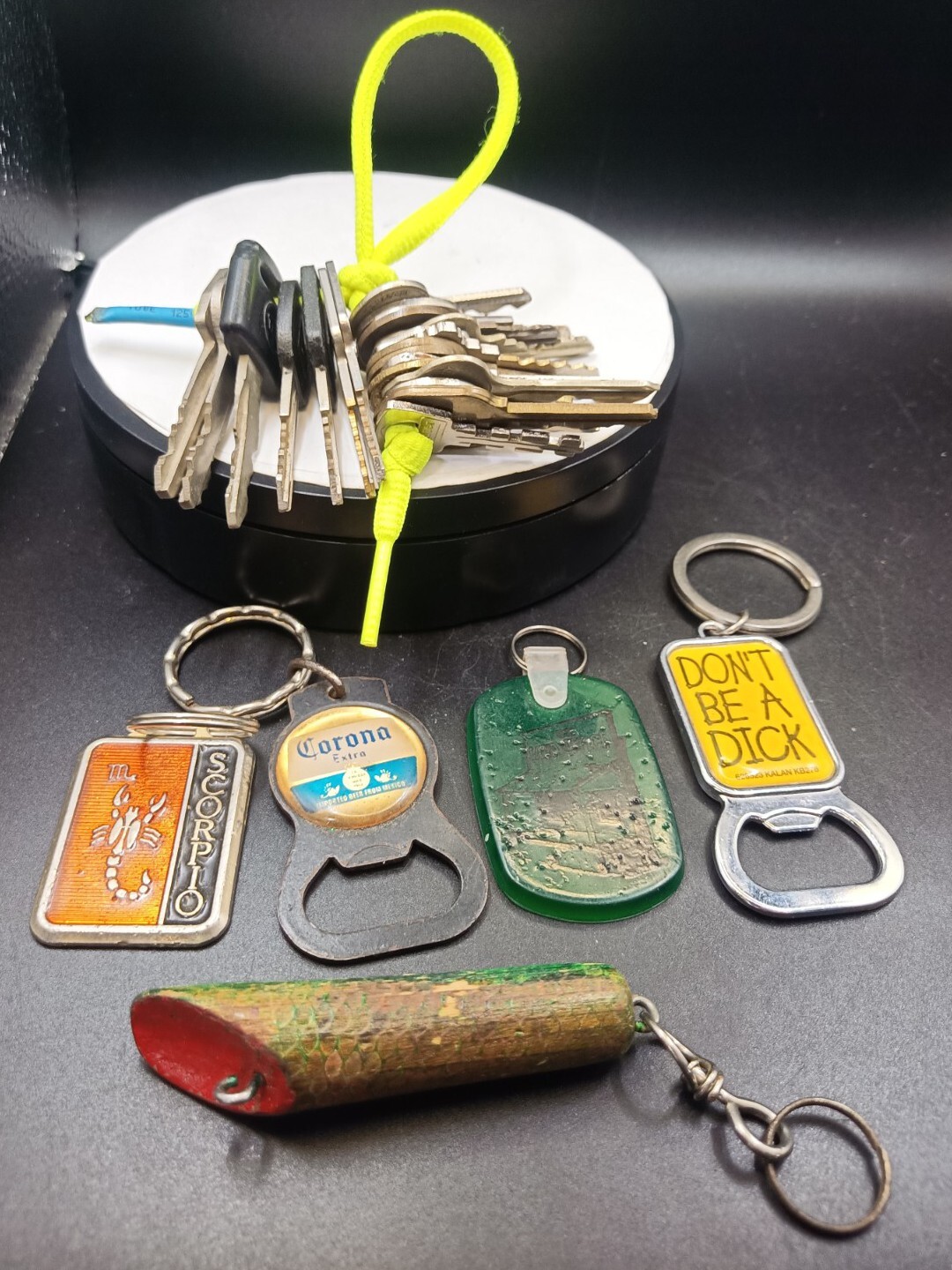 Junk Drawer Lot Of Vintage Keychains & Ford, GM, Honda ATV, Padlock & Home Keys