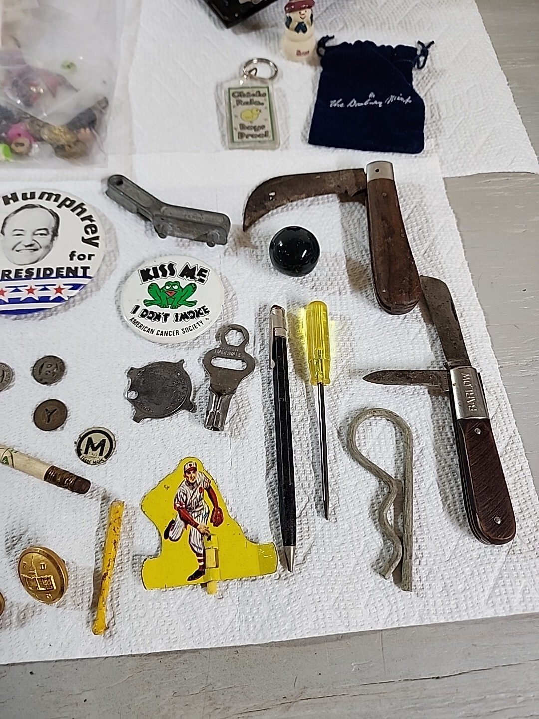 Junk Drawer Lot: Kodak Six 20 Camera Knives DC FD Buttons Fare Tokens Marble Pin