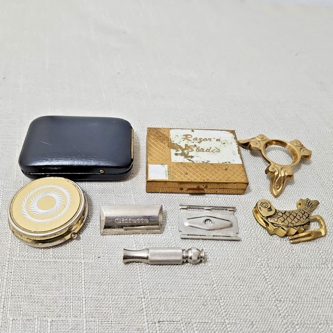 Junk Drawer Vintage Items Grandpa’s Junk Gillette Razor Travel Set Buckle Pill