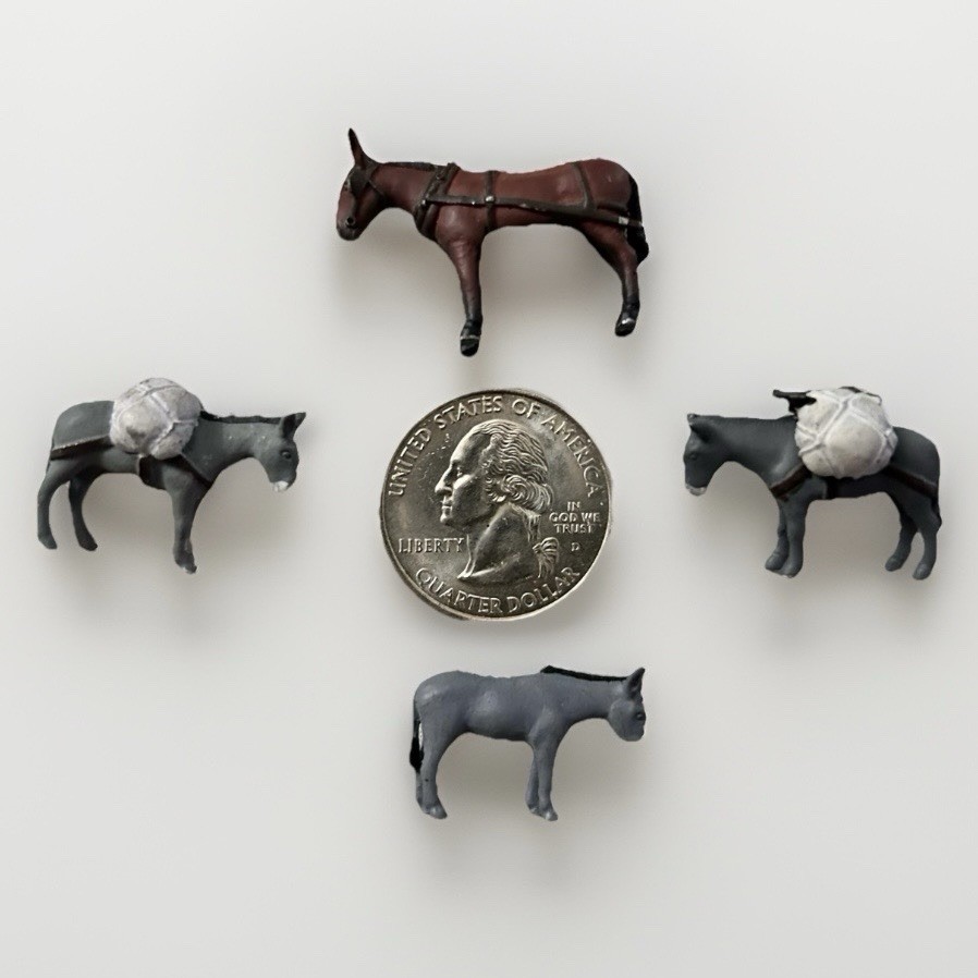 Lot of 4 Metal Miniature Donkeys Pack Mules O Scale 1:48 Diorama Pewter