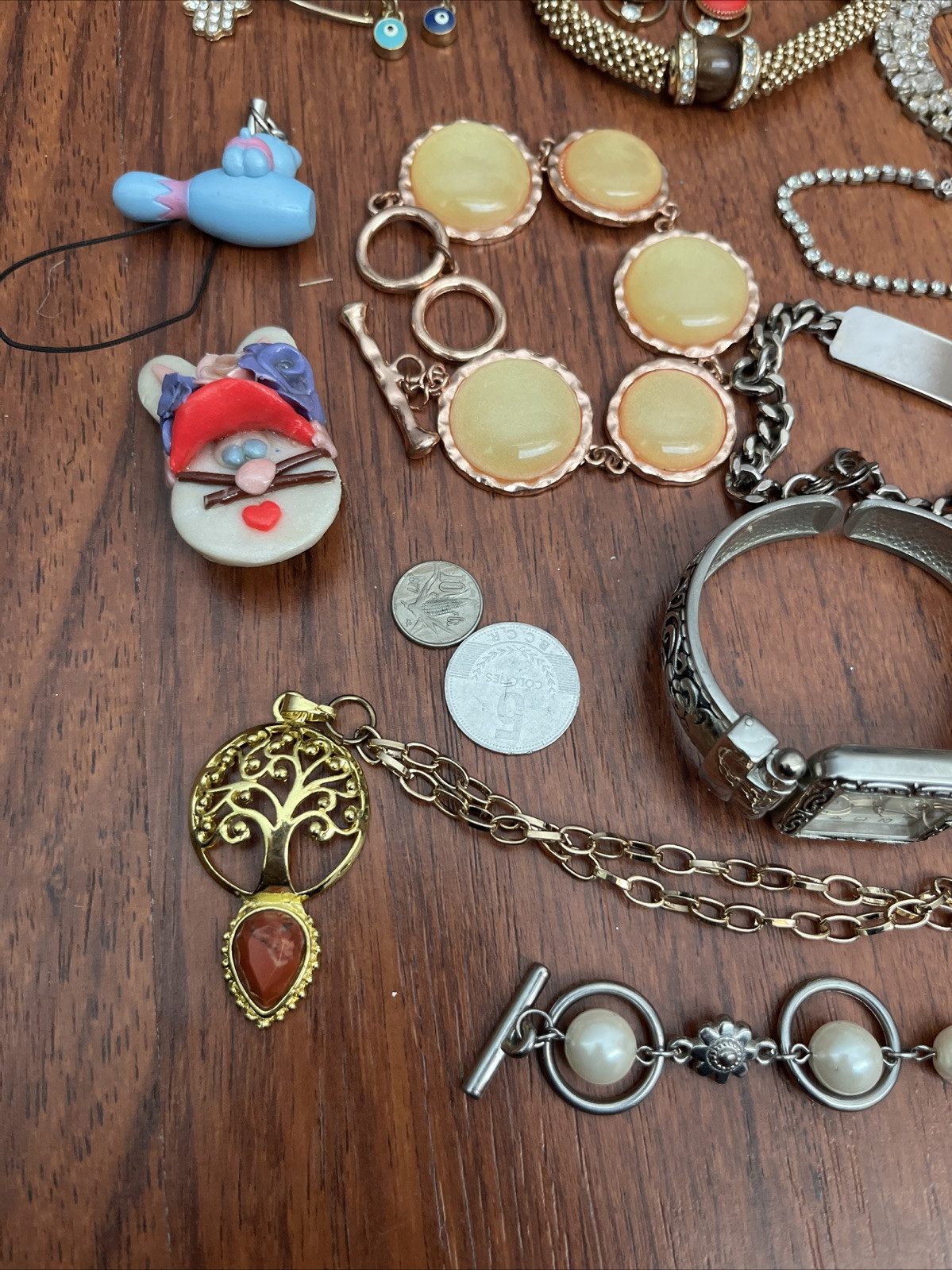 Junk Drawer Lot Vintage Jewelry Bracelets Trading Cards Brooches Misc.
