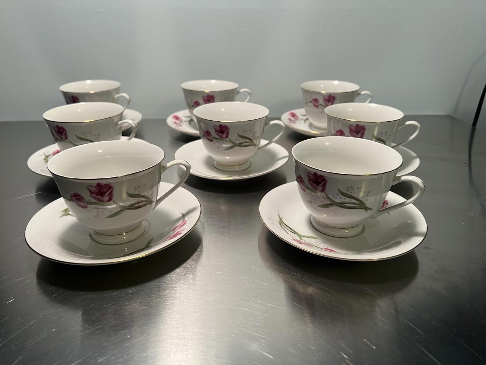 Vintage Bone China Teacups & Saucers Set/8 Pink Roses Tulips Gold Trim Chinese
