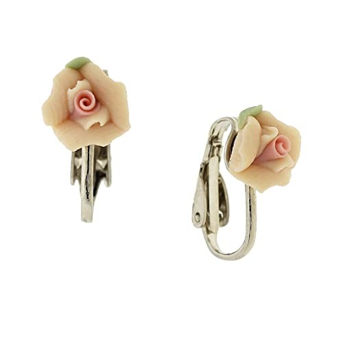 1928 Jewelry Peach Porcelain Rose Clip-On Earrings, Floral Bridal Earrings
