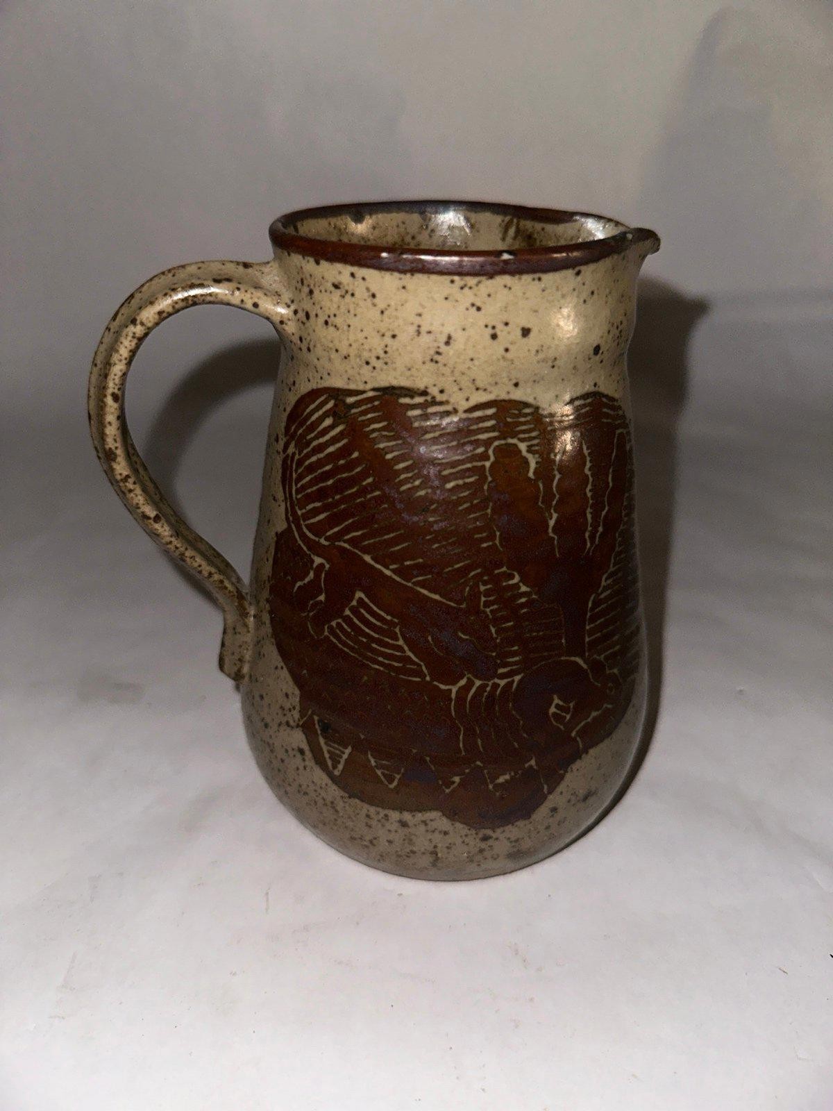 Vintage Stoneware Mini Pitcher Mug Creamer Sgraffito Bird Speckled Glaze Rustic