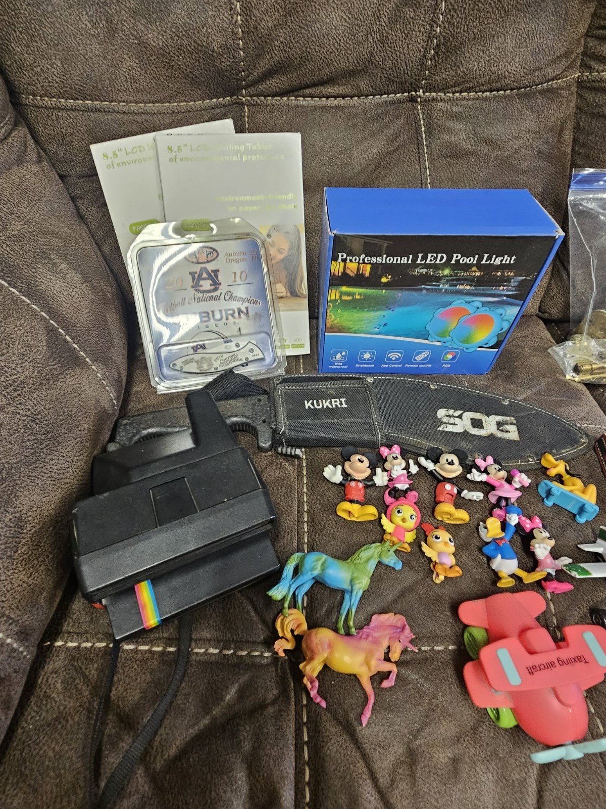 Junk Drawer Lot Silver Sog Knife Breyer Disney Polaroid Camera Auburn Knife
